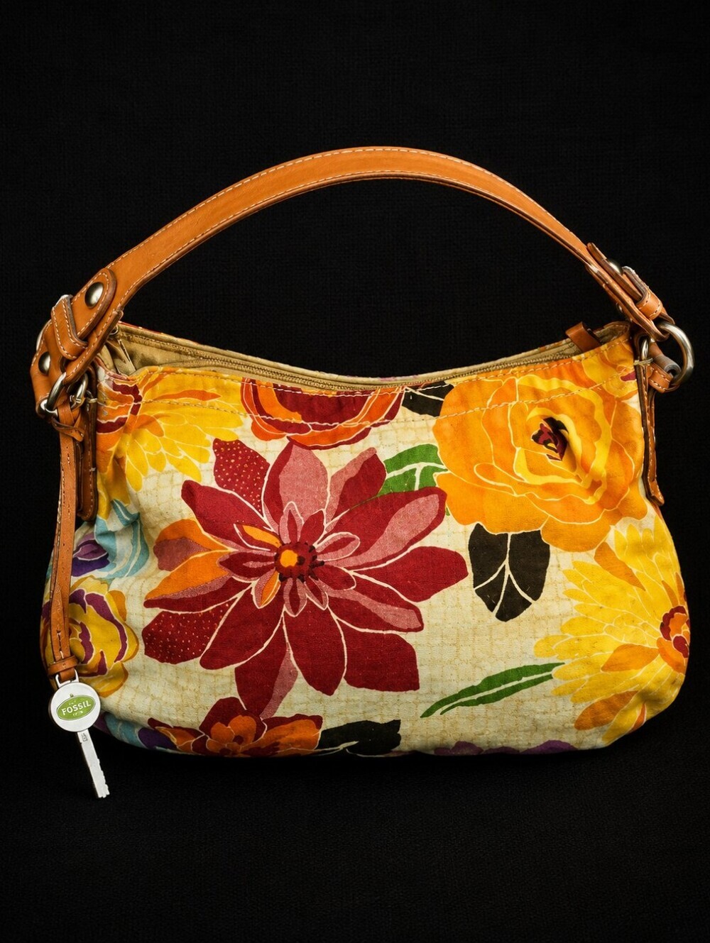 VTG 1980s FOSSIL Canary Yellow Floral Canvas Boho Carpet Key-per Shoulder Bag